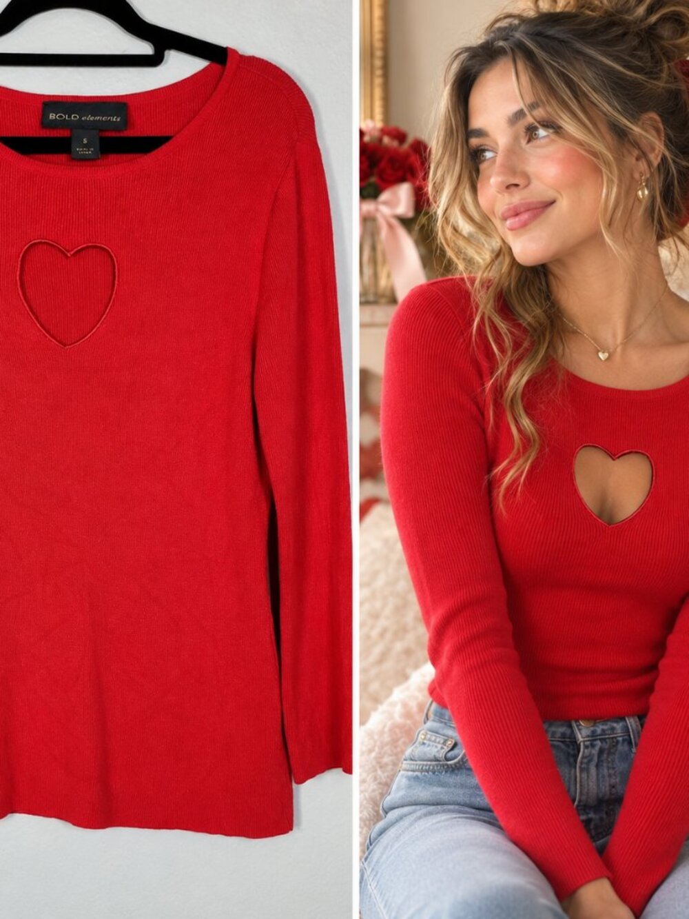 Vintage Bold Elements Red Heart Cutout Sweater Small Y2K Coquette Romantic